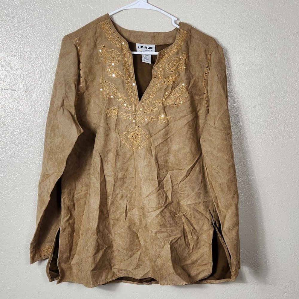 Unique Spectrum Sequins Embroidered Tunic Top Size 1X Long Sleeve